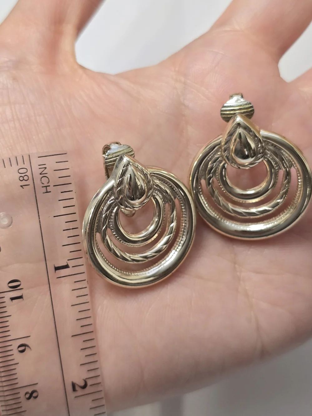 Polished Silver-Tone Concentric Hoop Drop Earrings Clip On